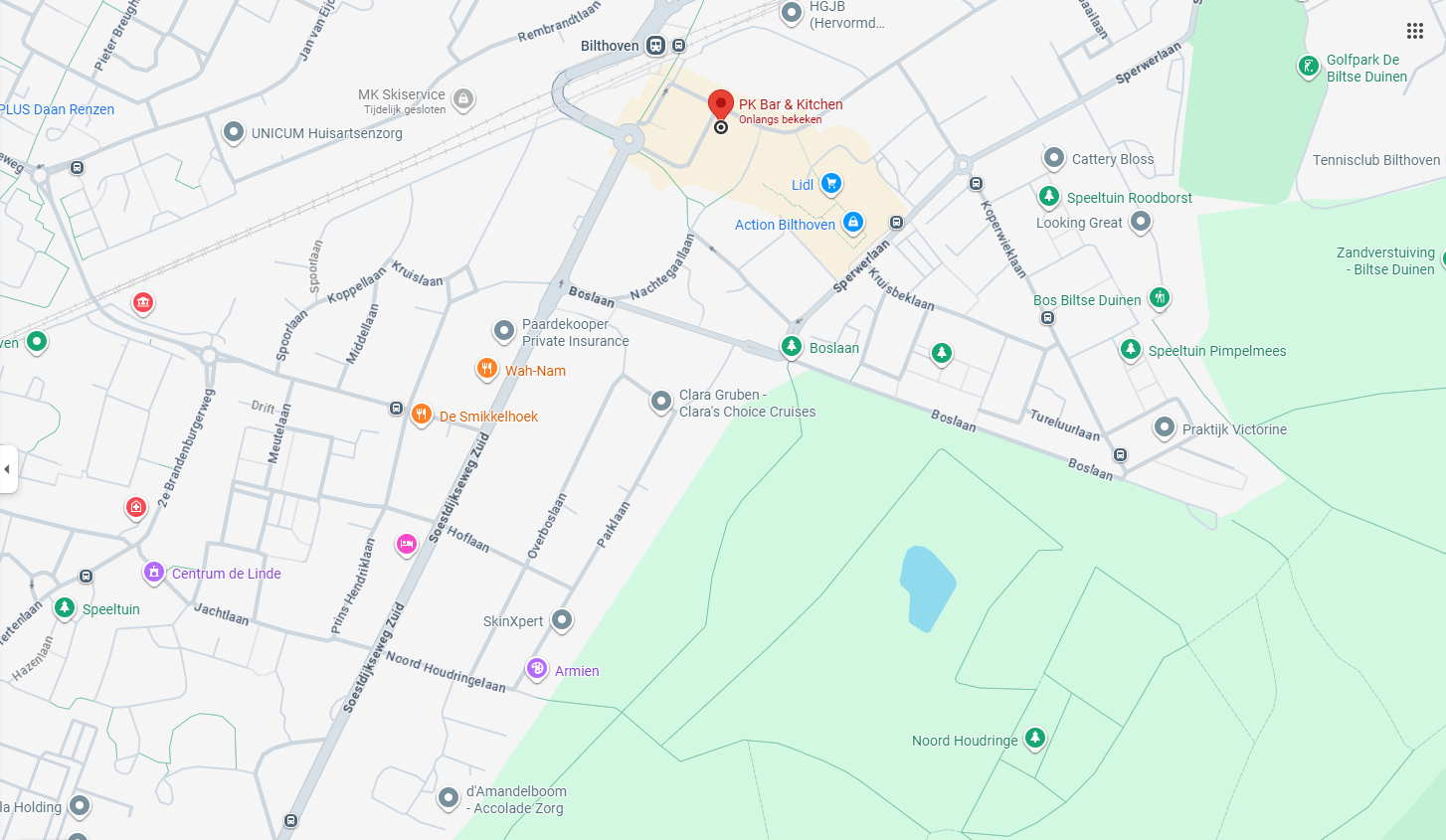 Route kaart Grand Café PK Bilthoven